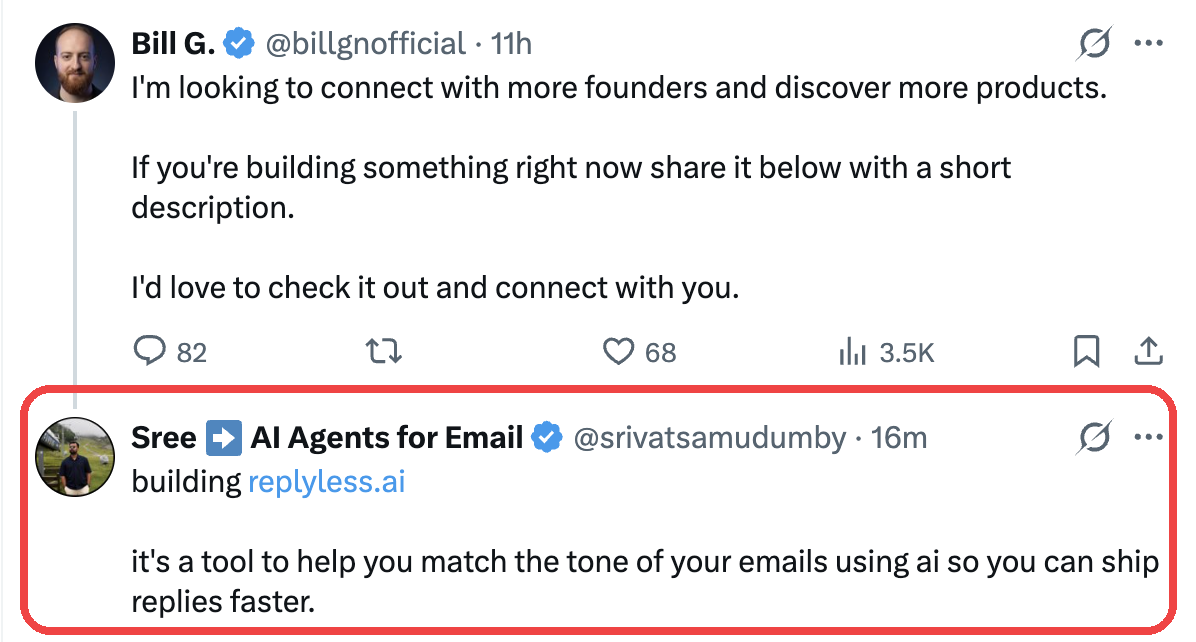 Real reply drafted by Offhand, highlighted in red