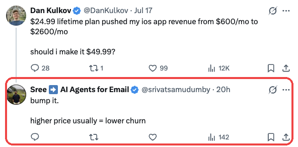 Real reply drafted by Offhand, highlighted in red
